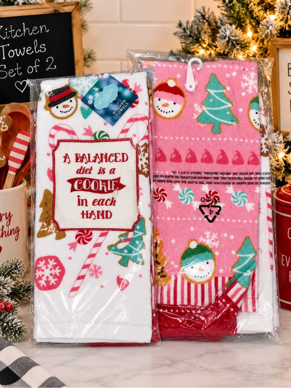 Set of 2 Christmas Holiday Kitchen Towels – Snowman & Candy Cane Print – NWT